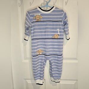 Florence Eiseman Striped Blue and White Kids One Piece With Dog Appliques